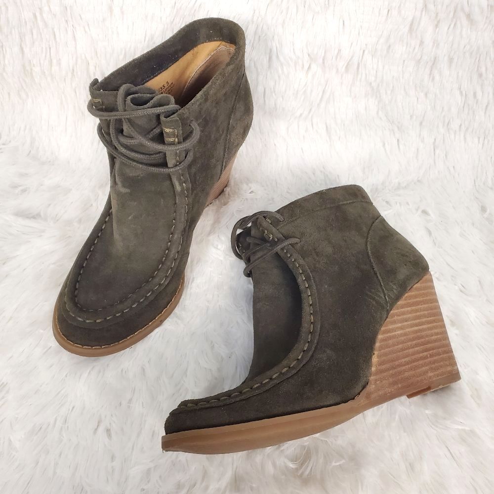Lucky Brand Ysabel Lace Up Suede Wedge Ankle Booties Green Women's Size 5.5
